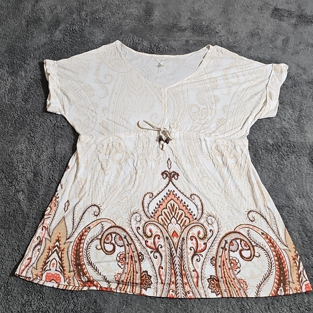 Sonoma Tunic Top Cuffed Short Sleeve Flowy Paisley Shirt Size L